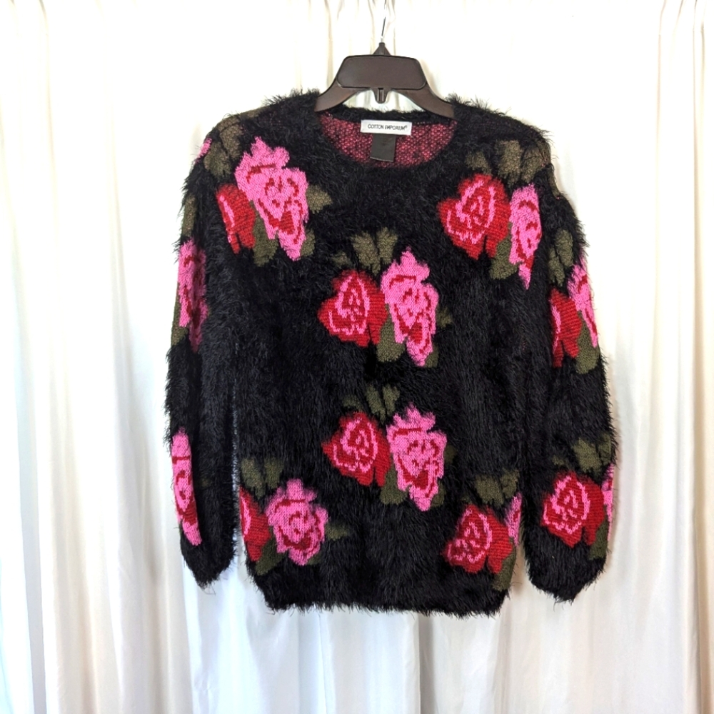Cotton Emporium Fuzzy Floral Eyelash Sweater | Size S | Soft Rose Knit